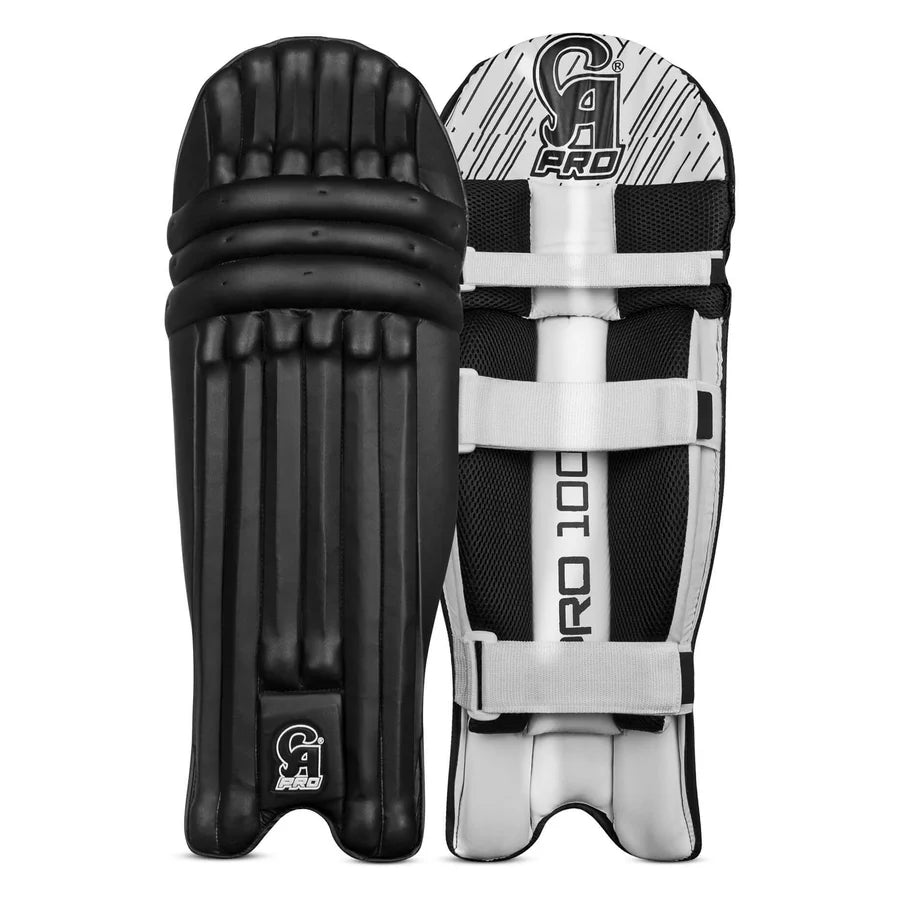 Front profile of CA Pro 10000 Batting Pads Black showing structural vertical bolsters and black finish.