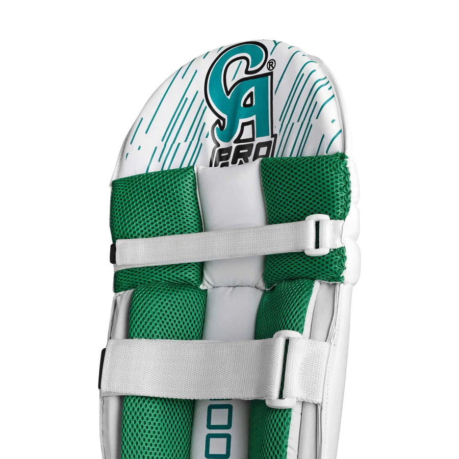 Close-up of the secure adjustable velcro straps attached to the CA Pro 10000 Batting Pads.