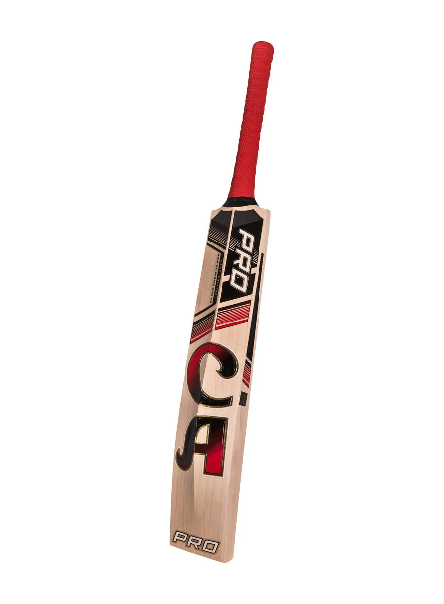 Close-up view of the clean spine and upper shoulder decals on the CA Pro 15000 Performance Edition English Willow Cricket Bat.