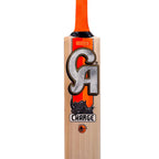 Detailed view of the upper shoulder area and bold colorful decals on the CA Pro Charge English Willow Cricket Bat.