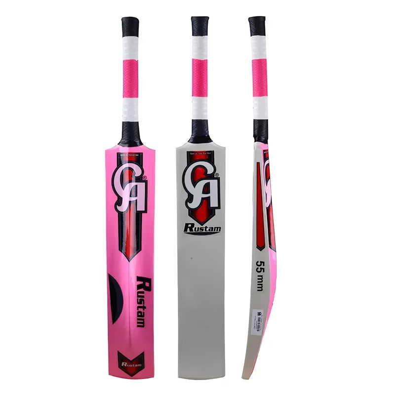 Front profile view of the CA Rustam tape ball bat highlighting its clean poplar willow face and colorful branding.