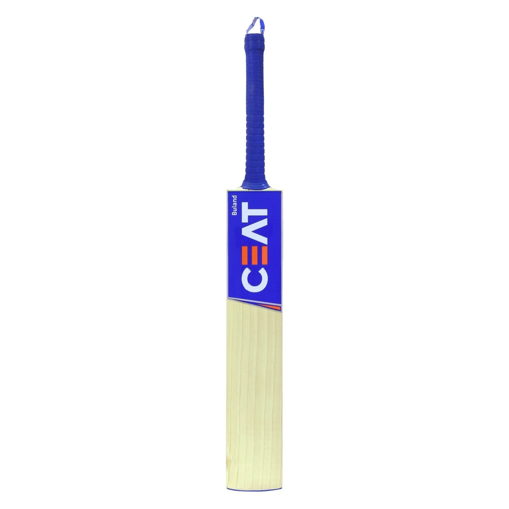 The CEAT Buland cricket bat held in a batting grip, demonstrating its comfortable and natural feel.