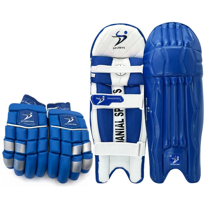 Blue Danial Sports Beyond Fear cricket batting pads and matching batting gloves set featuring high-density foam protection and adjustable straps.