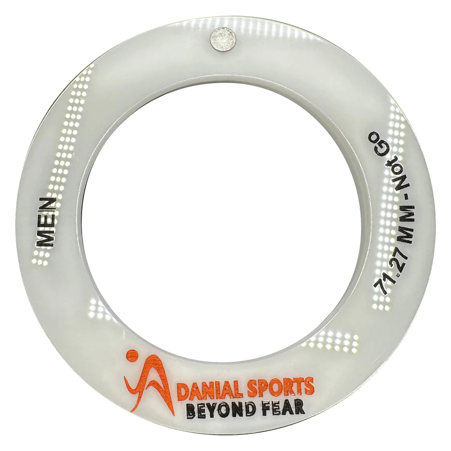 White cricket ball placed inside the 71.27 MM Not Go measuring ring of the DS Cricket Ball Gauge