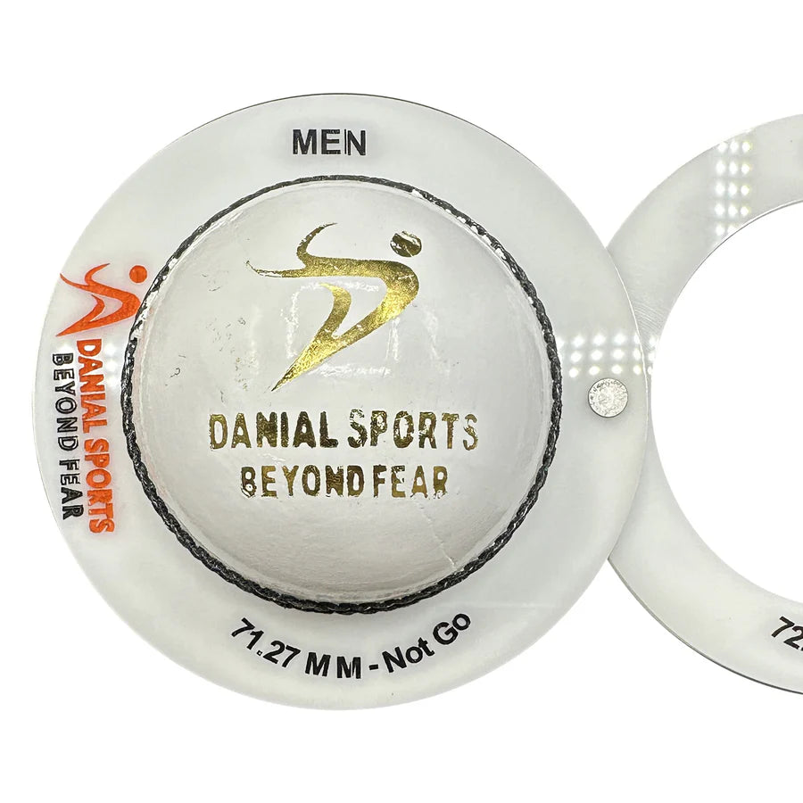 Single 71.27 MM Not Go ring of white DS Cricket Ball Gauge featuring Danial Sports logo