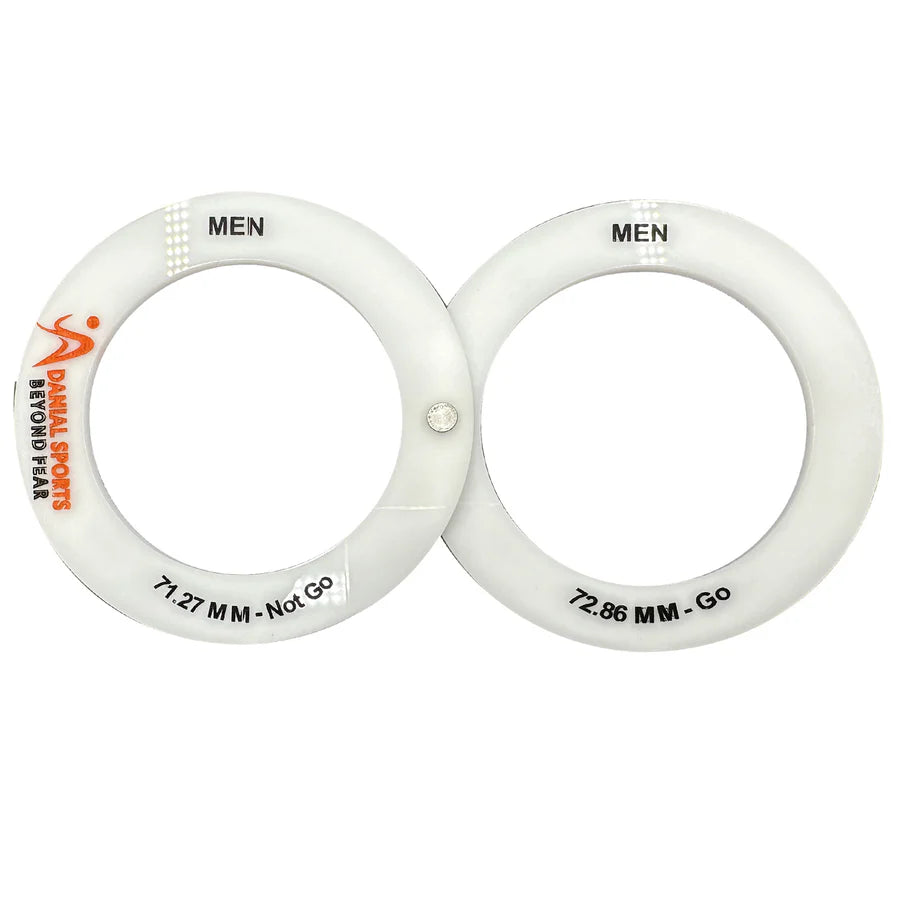 White dual-ring DS Cricket Ball Gauge showing 71.27 MM Not Go and 72.86 MM Go measuring rings