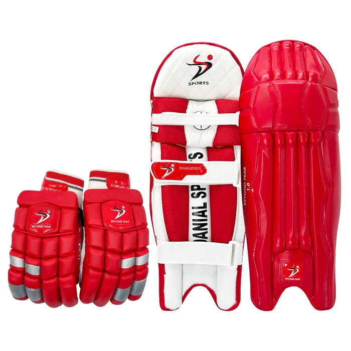 Vibrant red DS cricket batting pads and matching batting gloves set designed for high-impact protection and comfortable fit on the pitch.