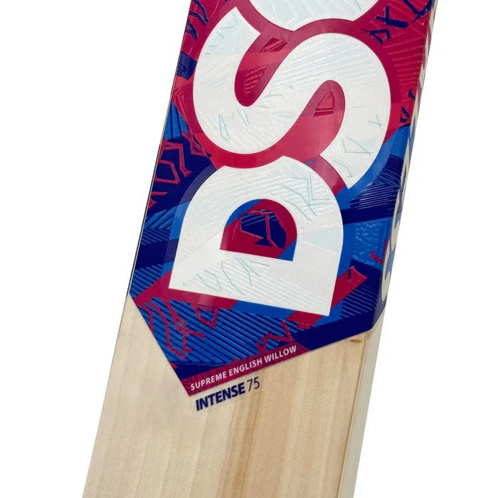 Prominent DSC brand logo sticker on the blade shoulder of the Intense 75 bat at Cricketer Point.