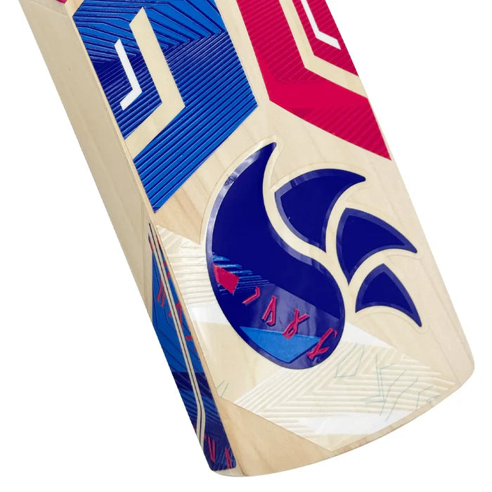Close-up shot emphasizing the massive power edges on the DSC Intense 75 willow bat sold by Cricketer Point.
