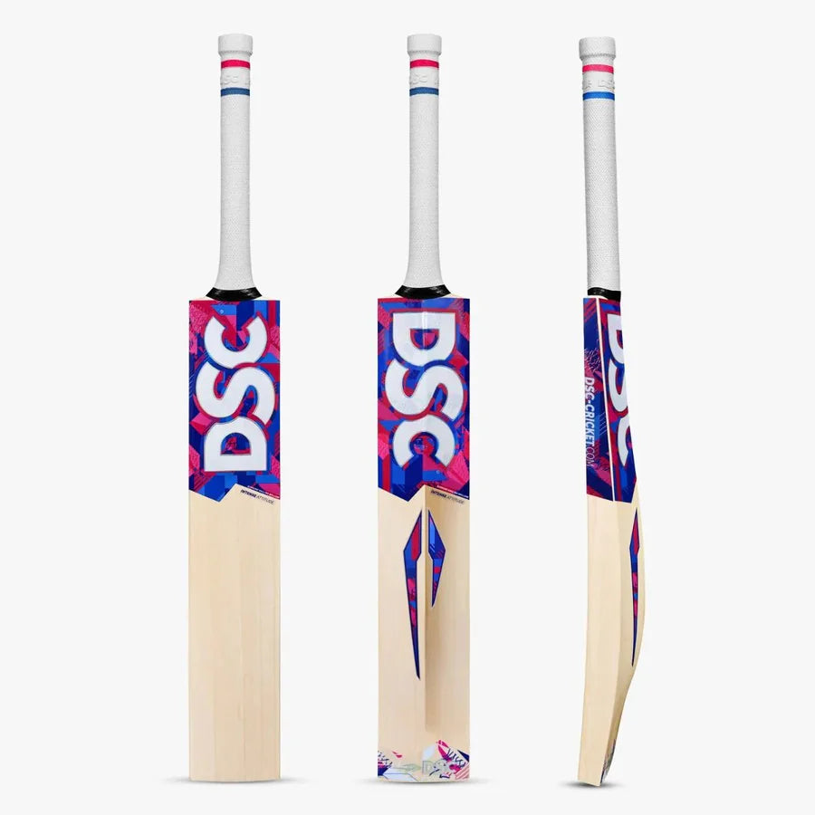 DSC Intense Attitude English Willow Cricket Bat front view with pronounced bow and mid-blade profile