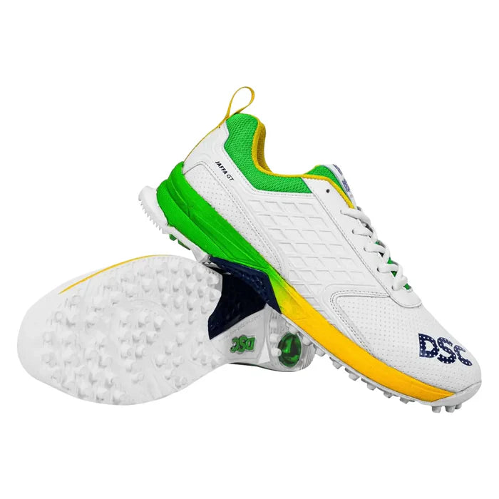 White sports shoe with green and yellow accents on a white background