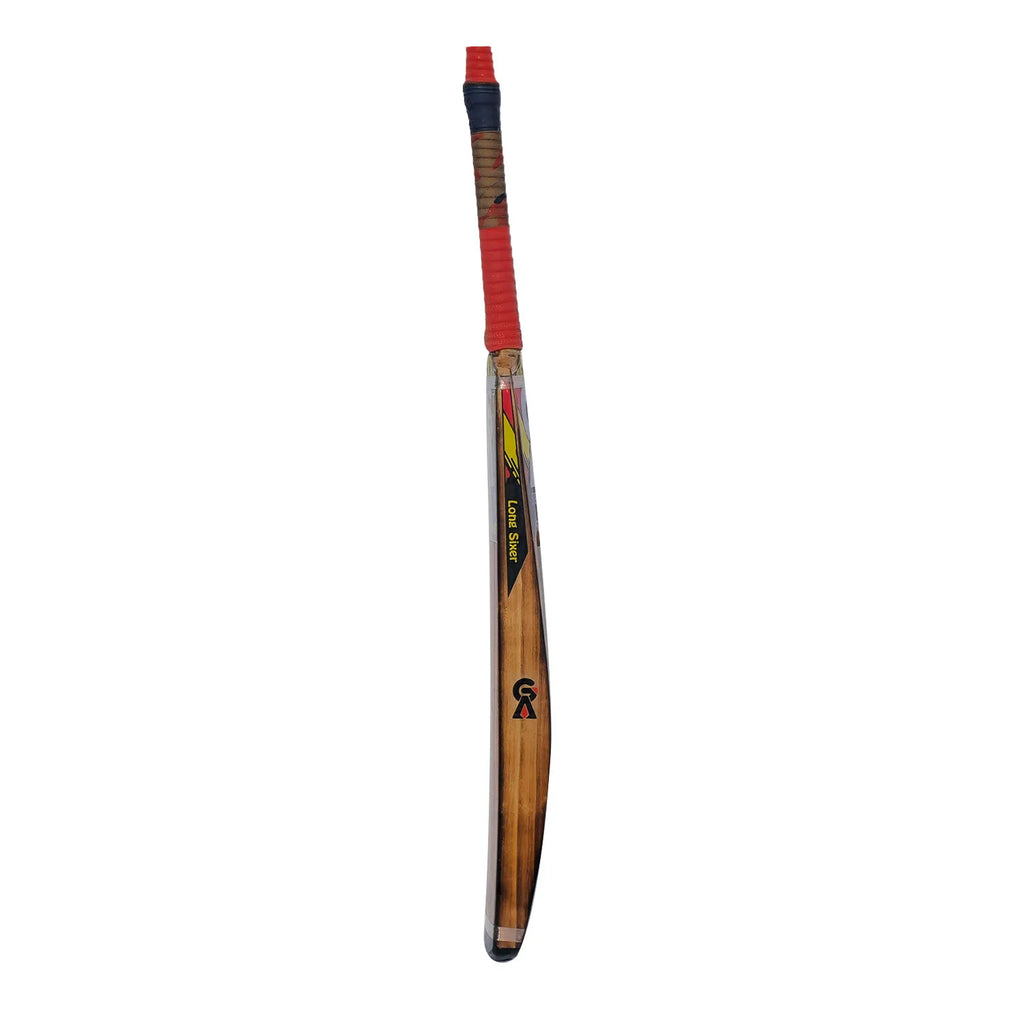 Close-up of GA Long Sixer Red Tennis Bat handle grip and cane construction detail
