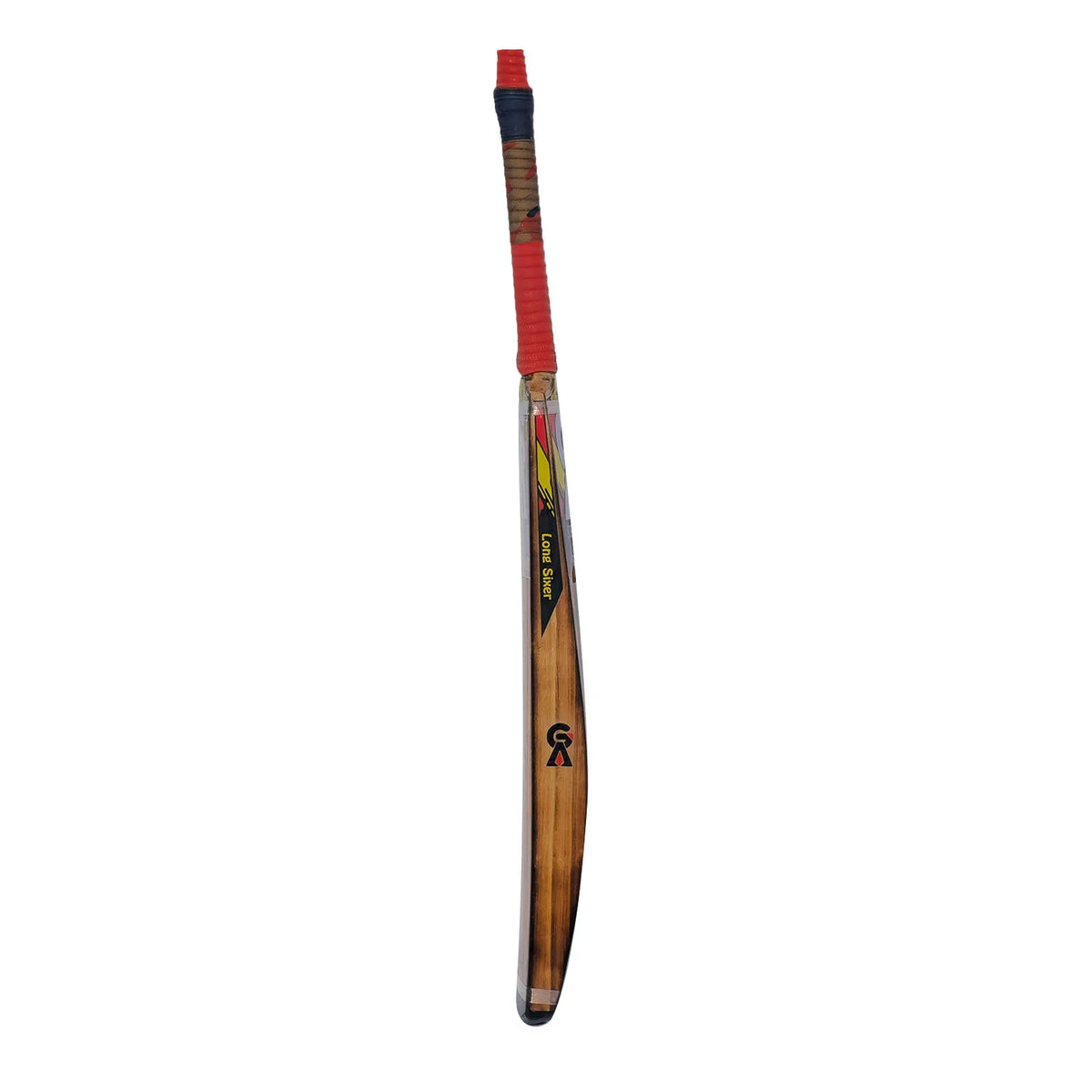 Close-up of GA Long Sixer Red Tennis Bat handle grip and cane construction detail
