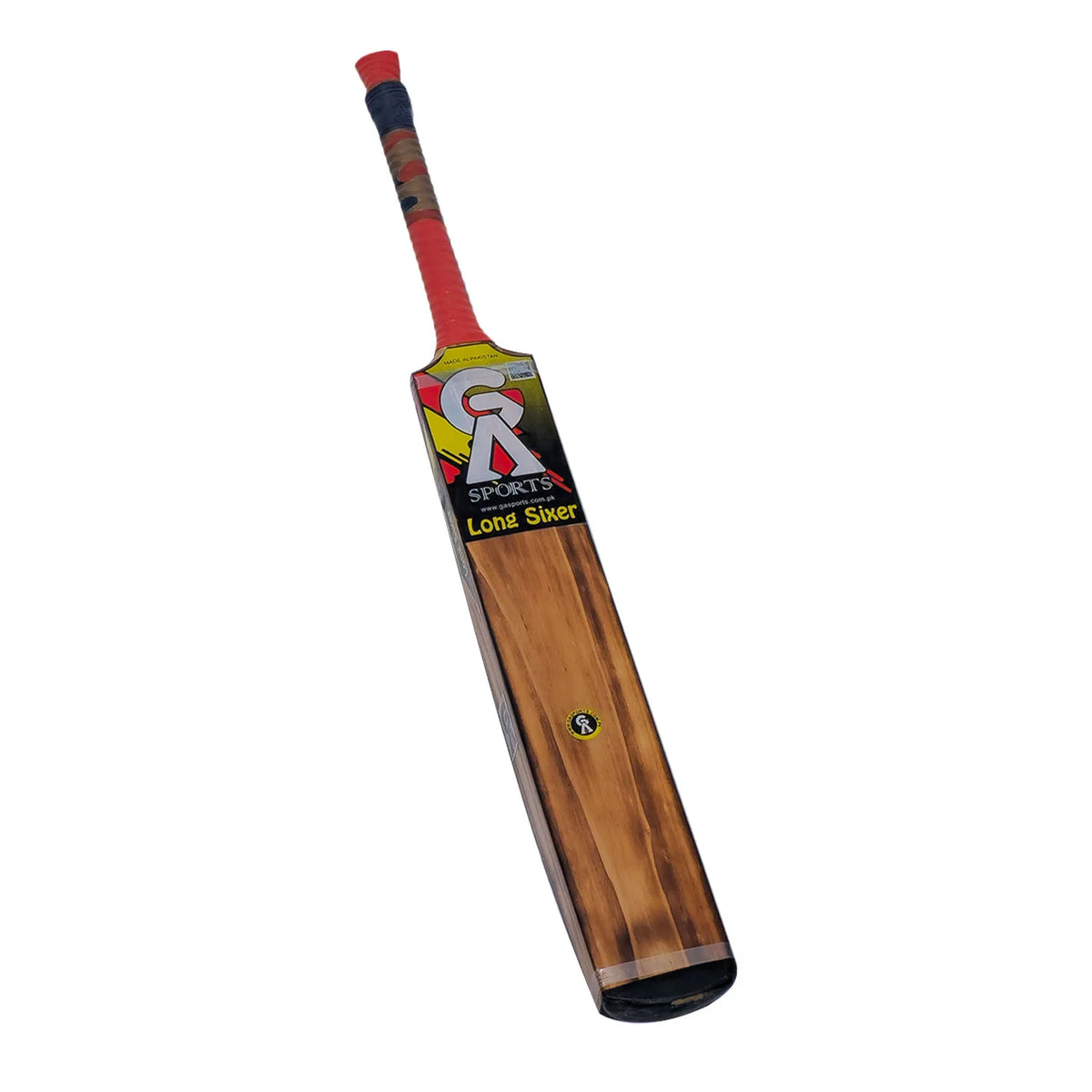 Player holding GA Long Sixer Red Tennis Bat ready to bat in a red tennis ball cricket match
