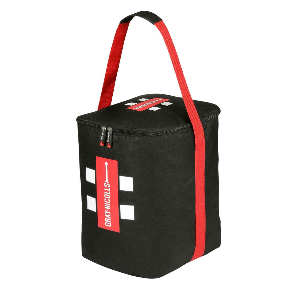 Front angled view of black Gray Nicolls Ball Bag at Cricketer Point with red straps and logo.