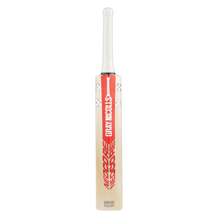 Close-up of NEOCORE semi-oval handle with white TRACTION PRO grip on Gray Nicolls Neocore 500 English Willow Cricket Bat.