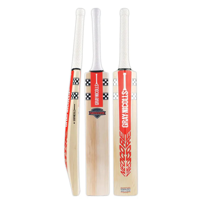 Front view of Gray Nicolls Neocore 500 English Willow Cricket Bat at Cricketer Point with flat face and natural finish.