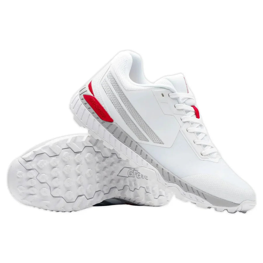 Gray Nicolls Revo Pro 2.0 batting shoes side profile, showing sleek white and blue design.