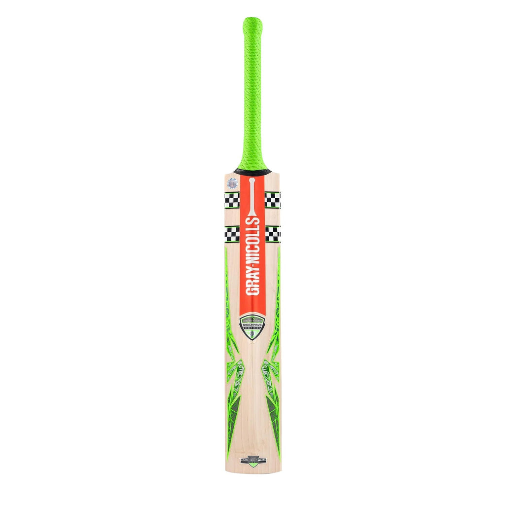 Full length view of Gray Nicolls Shock Wave Gen 2.3 5 Star Cricket Bat with neon branding at Cricketer Point.