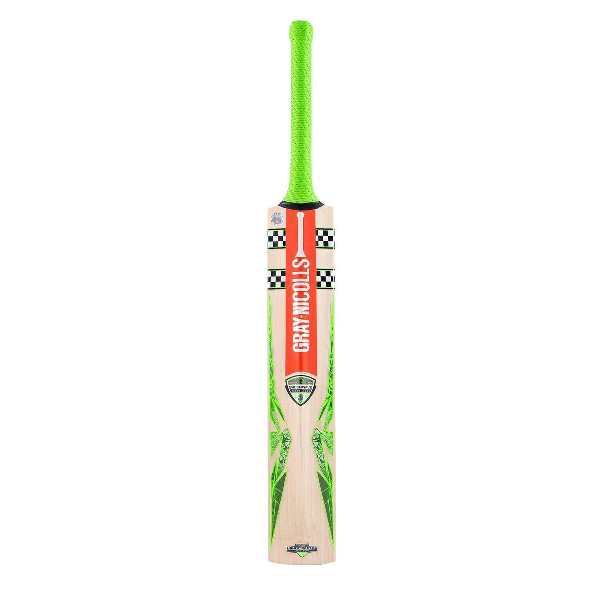 Full length view of Gray Nicolls Shock Wave Gen 2.3 5 Star Cricket Bat with neon branding at Cricketer Point.