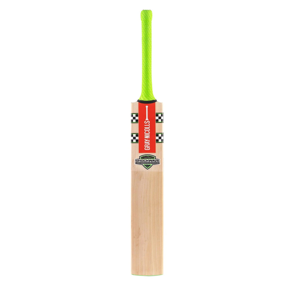 Detailed view of neon green and black decal graphics on the Gray Nicolls Shock Wave Gen 2.3 5 Star Cricket Bat blade.