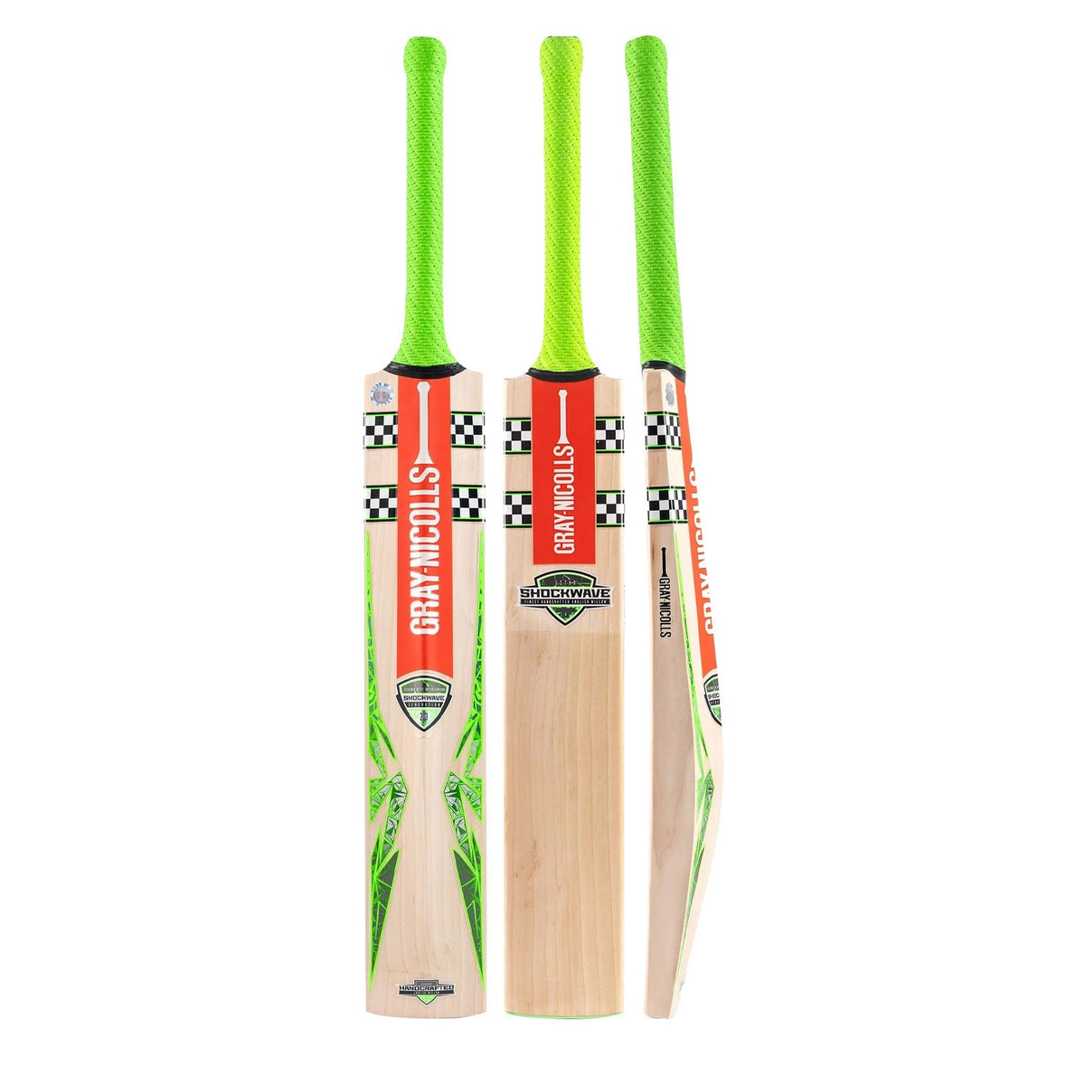 Front view of Gray Nicolls Shock Wave Gen 2.3 5 Star Cricket Bat at Cricketer Point with natural wood finish.
