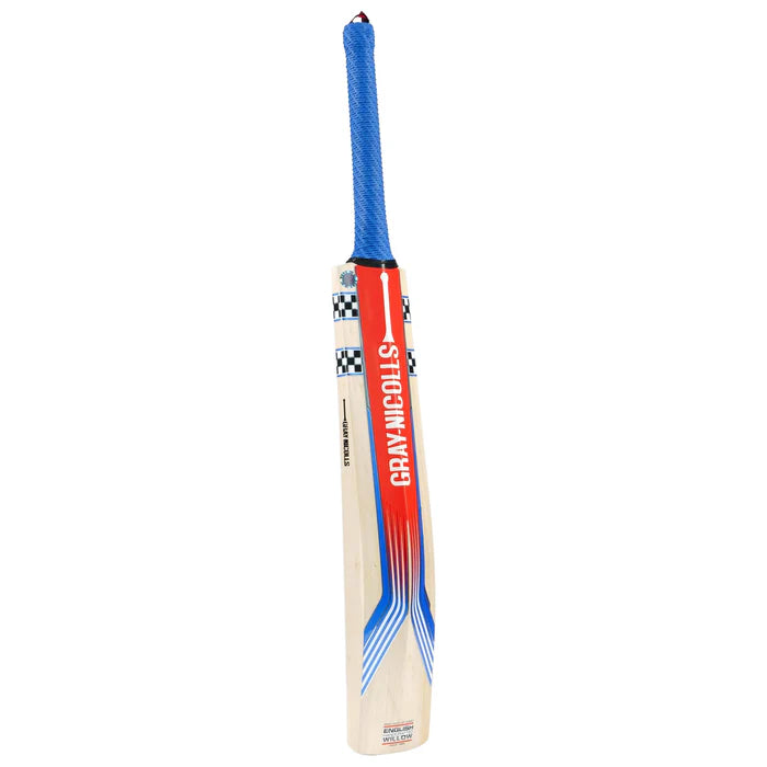 Close-up of semi-oval handle with white TRACTION PRO grip on Gray Nicolls Stratos 1.0 4 Star Cricket Bat.