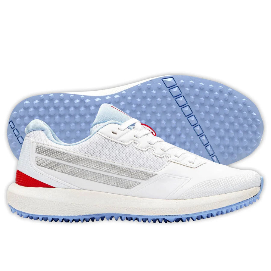 Gray-Nicolls Velocity 5.5 cricket batting shoes with a rubber sole in a multi-color design.