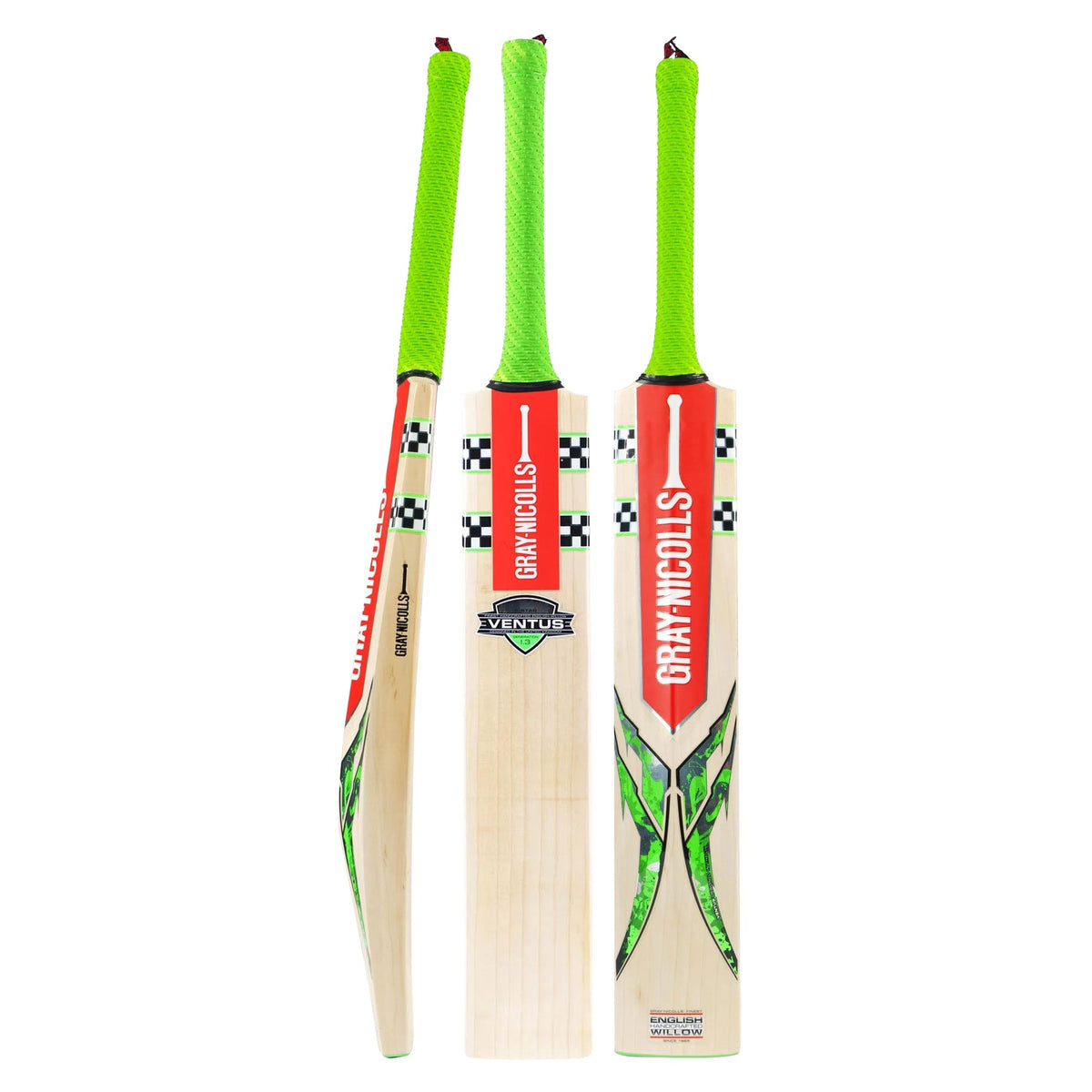 Front view of Gray-Nicolls Ventus Gen 1.3 5 Star Cricket Bat showing natural willow face at Cricketer Point.