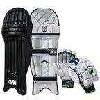 Junior player wearing Gunn & Moore 606 pads and gloves set behind stumps

