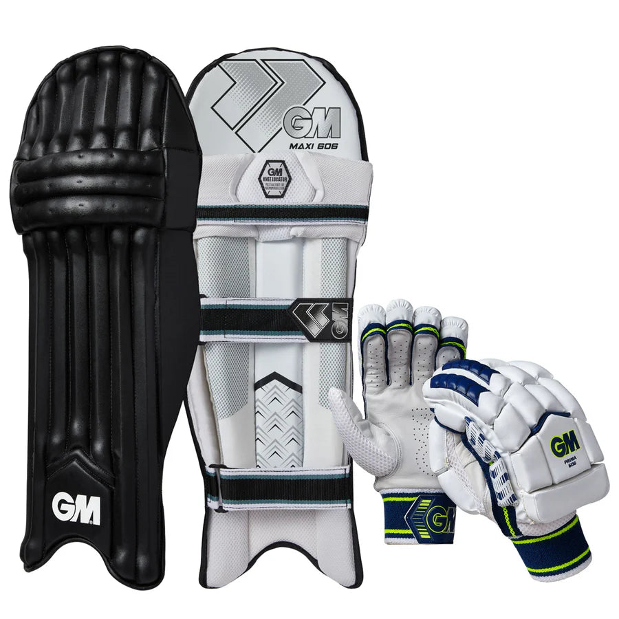 Junior player wearing Gunn & Moore 606 pads and gloves set behind stumps


