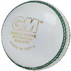 Side profile of 4-piece white Gunn & Moore Chrome Grade 1 leather cricket ball showing seam stitching