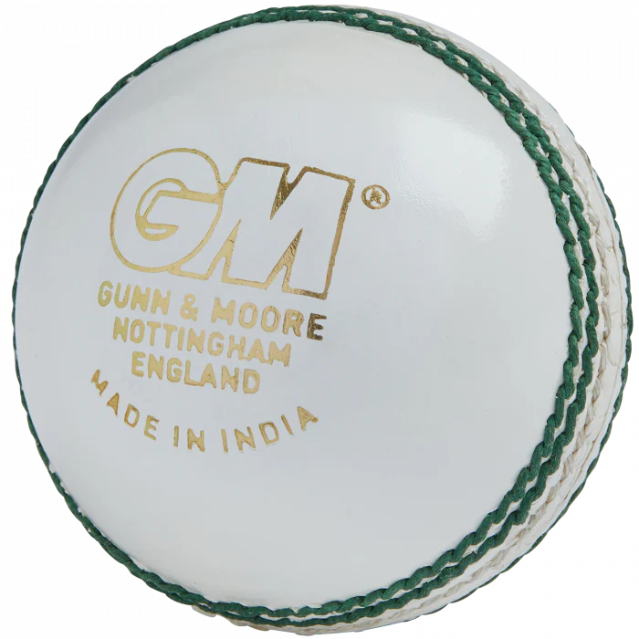 Side profile of 4-piece white Gunn & Moore Chrome Grade 1 leather cricket ball showing seam stitching