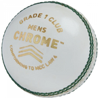 White Gunn & Moore Chrome Grade 1 Club Cricket Ball featuring gold logo stamp and green stitched seam