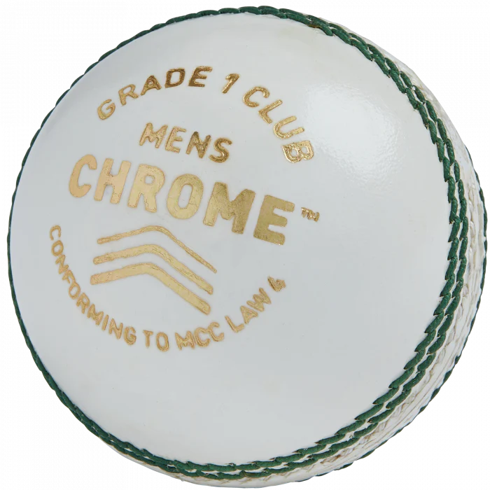 White Gunn & Moore Chrome Grade 1 Club Cricket Ball featuring gold logo stamp and green stitched seam
