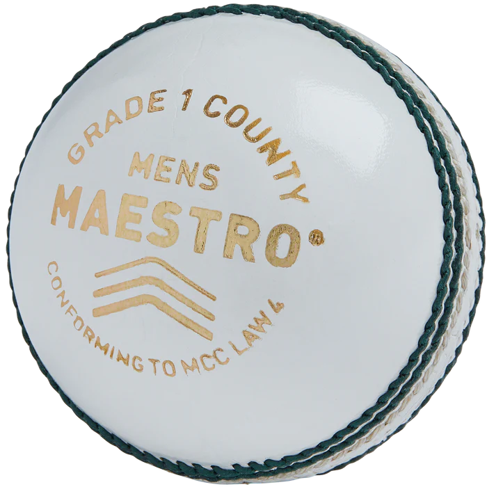 Reverse side of white Gunn & Moore Maestro Cricket Ball showing gold GM logo and green hand-stitched seam
