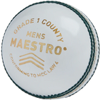 Reverse side of white Gunn & Moore Maestro Cricket Ball showing gold GM logo and green hand-stitched seam