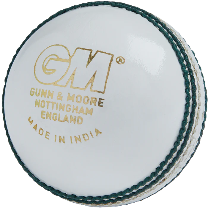 White Gunn & Moore Maestro Cricket Ball displaying gold GRADE 1 COUNTY MENS stamp and green seam stitching
