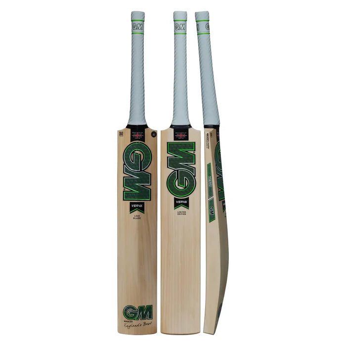 Gunn & Moore Verva Delta 404 English Willow cricket bat with green and black branding.