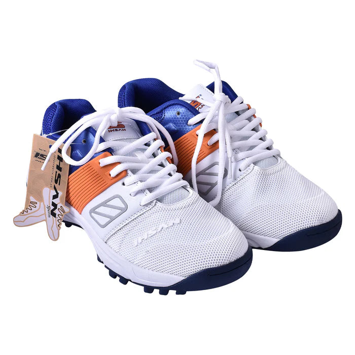 A pair of Ihsan Hi Lux Cricket Shoes with white uppers, blue and orange accents, and a rubber gripper sole.