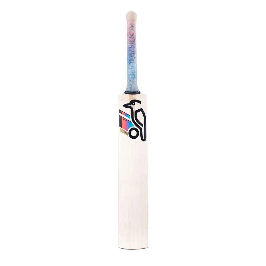 Close-up of the oval handle with silicon grip on the Kookaburra Aura Pro English Willow bat

