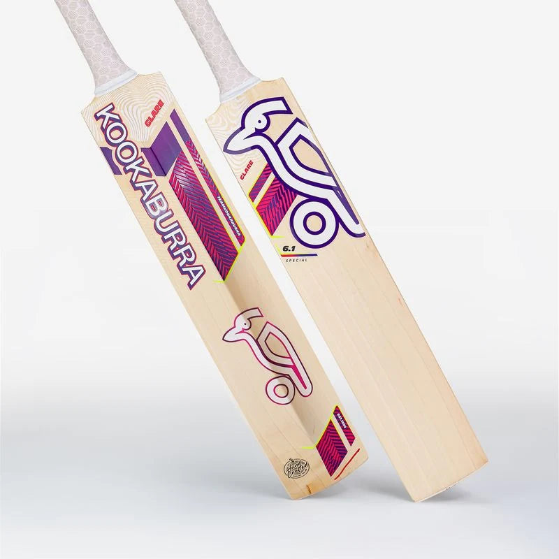 Detailed view of upper back branding and purple accent graphics on Kookaburra Glare 6.1 Bat