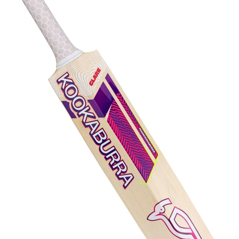 Close-up showing both back and front sticker graphics on Kookaburra Glare 6.1 Cricket Bats