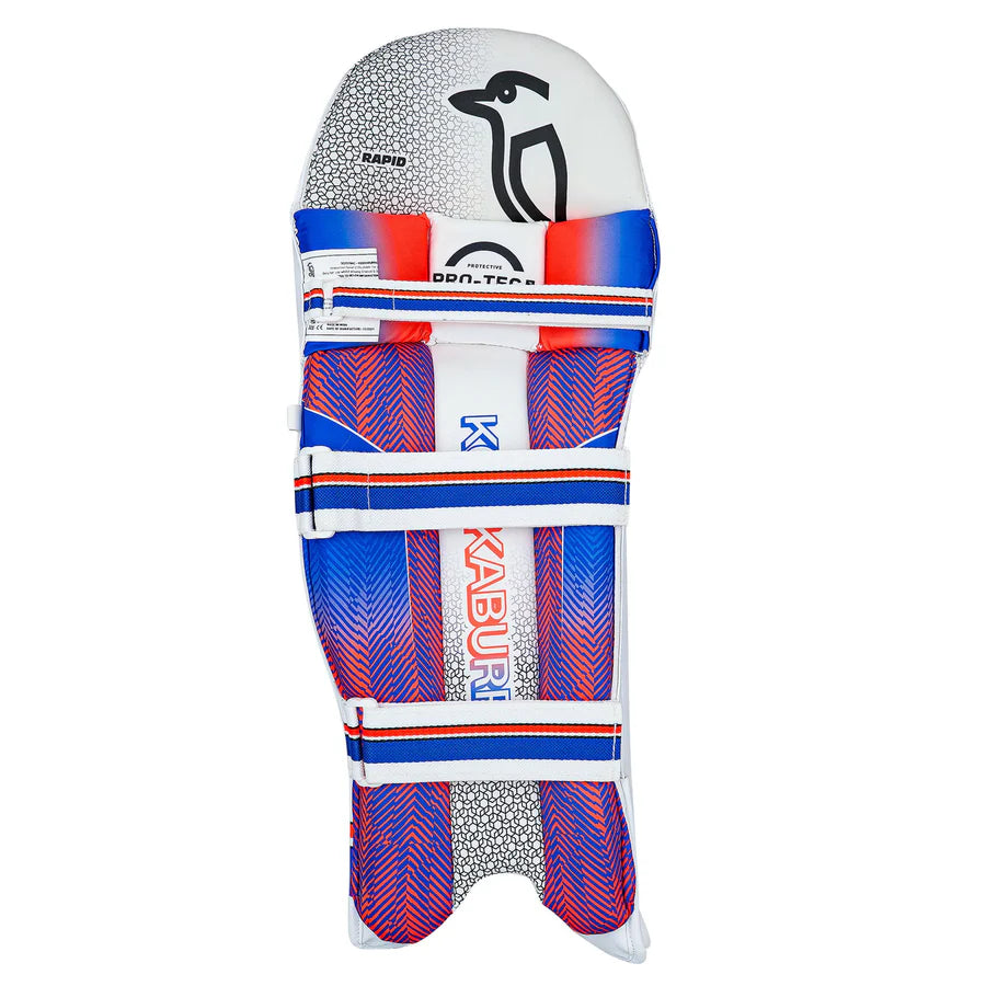Close-up of adjustable hook-and-loop straps on Kookaburra Rapid 4.1 pads.

