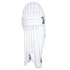 Close-up detail of the Duo-Flex knee roll on Kookaburra Rapid batting pads.


