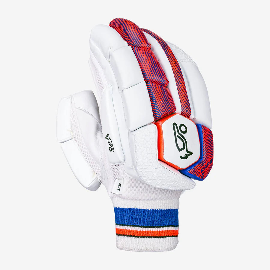 Kookaburra Rapid 4.1 Batting Gloves worn on-hand, demonstrating the secure fit available at CricketerPoint.