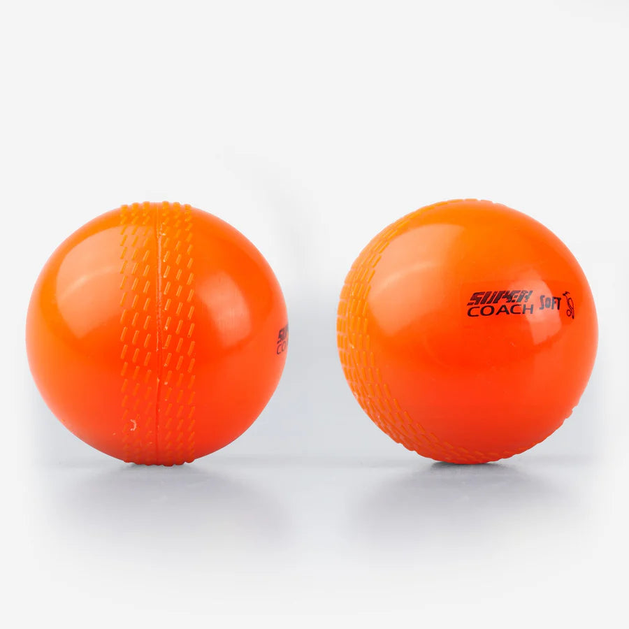 Orange Kookaburra Super Coach Soft Cricket Balls showing black printed logo and molded seam texture
