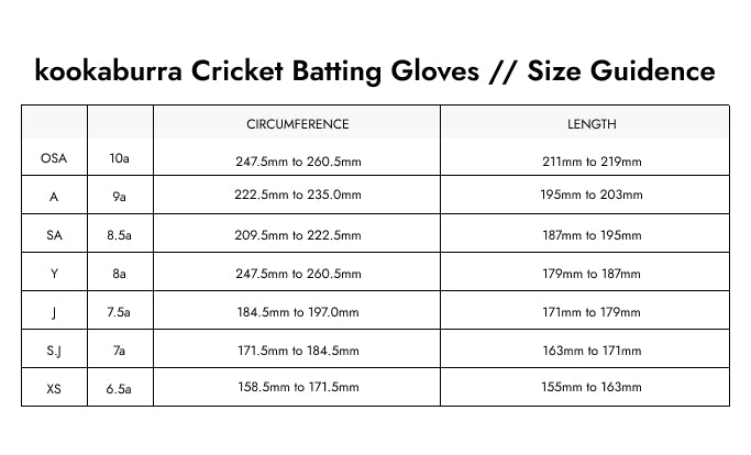 Size Guide — Kookaburra 4.1 T/20 Schlaghandschuhe Rot