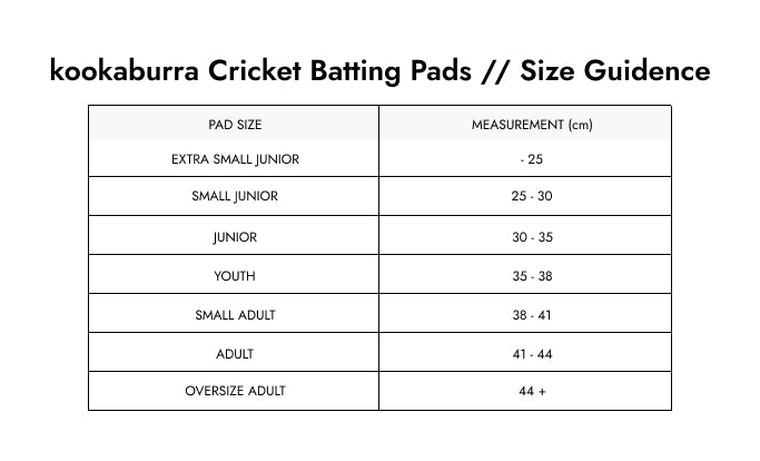 Size Guide — Kookaburra 4.1 T/20 Batting Pads Black