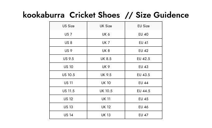 Size Guide — Kookaburra Kc 1.0 Rubber Cricket shoes White/ Mint